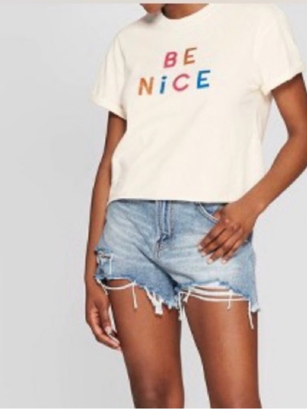 Mighty Fine Cream Tee with embroidered “BE NICE”
